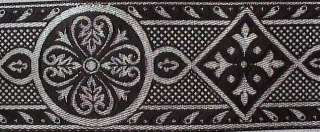 neo gothic, medieval motif is jacquard woven in metallic silver on a 