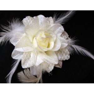  Ivory Lace and Feather Rose Flower Pin Brooch and Pony 