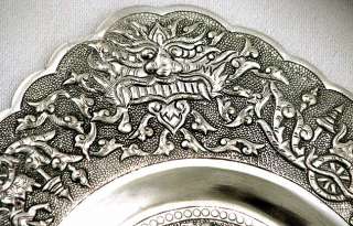 Indian Coin Silver Dragon & Battling Warriors Tray c1900 Rare Signed 