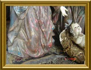 ANTIQUE SPANISH LARGE COLONIAL GILT POLYCHROME WOOD NATIVITY GROUP 