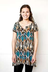 Womens Tunic top soft poly geometric print henley front closeing easy 