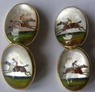   antique set of 14k gold&painted cameo crystal cufflinks.Horse riding