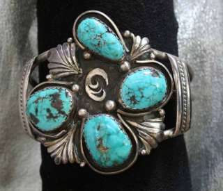   navaho turquoise silver cuff bracelet marked hp upon a stylized