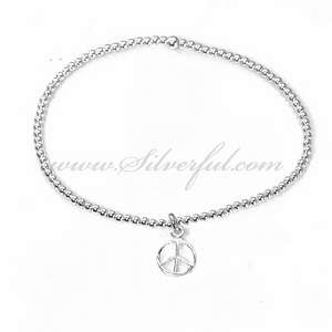 Elastic Bead Bracelet & Peace Sign 925 Sterling Silver  