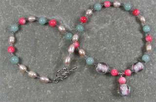 FLOWER LAMPWORK PINK CORAL ITE PEARLS NECKLACE  