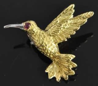 Estate Vintage Two Tone 18K Gold Hummingbird Ruby Bird 3D Animal Pin 