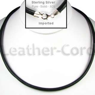   GENUINE LEATHER CORD NECKLACE BLACK 20 Inches .925 Sterling Silver