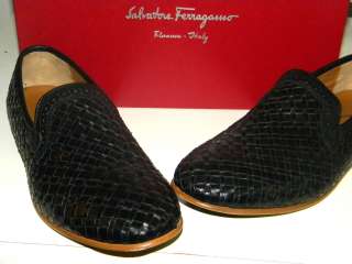 Mens Salvatore Ferragamo Burago Woven Leather Moccasin Black 9.5 