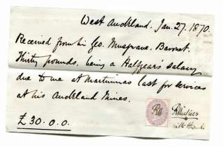 1870. SALARY RECEIPT FOR WEST AUCKLAND MINES.  