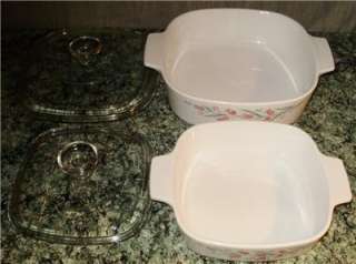 Corning Ware Baking Dishes W/Lids 1L & 2L Pink Flowers Blue Leaves 