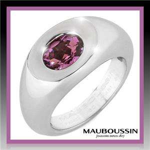   Hallmarked Oval Purple AMETHYST sleek 18K White GOLD Ring sz6.5  