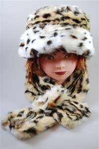FAUX FUR ANIMAL PRINT WINTER HAT AND SCARF SET  