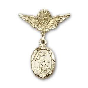   Gold Baby Badge with Guardian Angel Charm and Angel w/Wings Badge Pin