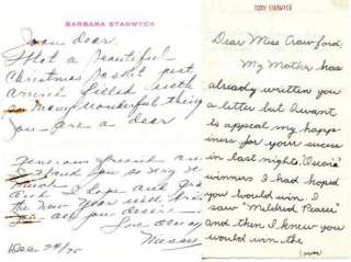 BARBARA STANWYCK SIGNED HANDWRITTEN LETTER TO JOAN CRAWFORD + TONY 