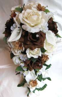 Wedding Cascade Bouquet Bridal Silk flowers CREAM BROWN CALLA LILY 