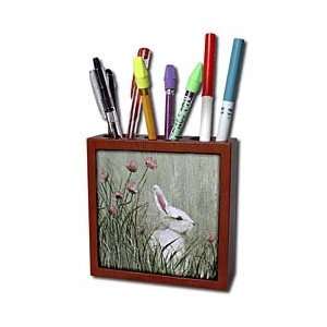   Bunny Rabbit in Tall Grass with Pink Wildflowers   Tile Pen Holders 5