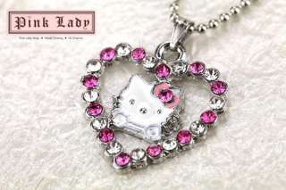 W121 Cute Crystal Heart Kitty Charm Pendant Necklace  