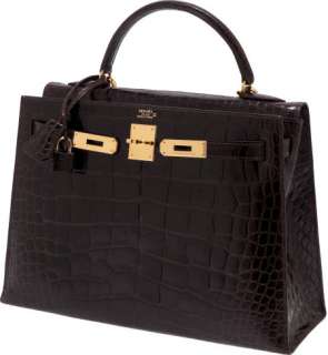 Hermes 32cm Shiny Chocolate Alligator Kelly Bag with Gold Hardware 