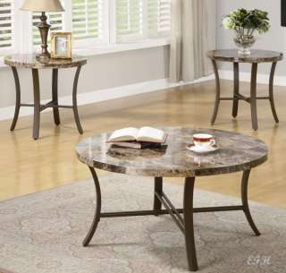 3PC COLBY FAUX MARBLE TOP PEWTER METAL COFFEE TABLE SET  