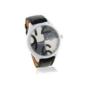   Stainless Steel Dial Leather Band Fashion Watch Black 