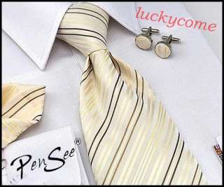   silk PenSee tie beige stripes mens necktie set cufflinks hanky  