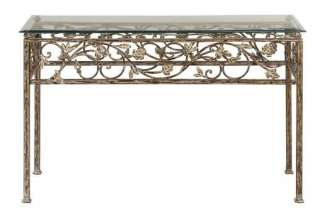 Scroll and Leaf Metal Console Table with Glass Top, Distressed Copper 