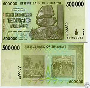 ZIMBABWE 2008 $ 500 000 DOLLARS MONEY BANKNOTE UNC  