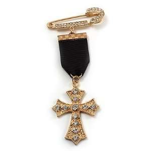    Medal Style Diamante Cross Charm Brooch (Gold Tone) Jewelry