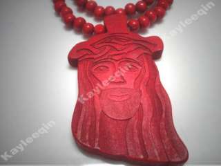 Jesus Rosary Wood Bead Necklace Christ God Pendant Red  