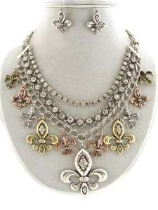  Fleur De Lis Charms Crystals Statement Necklace and Earrings Set