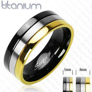 Solid titanium men ring Gold Plated Onyx Colored Edged engagement 