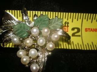 Vintage Silvertone GRAPE PEARL CLUSTER Leaf Brooch Pin  