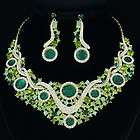 Charm Flower Cluster Necklace Earring Set W/ Green Rhinestone Crystals