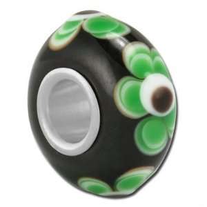    14mm Black with Green Flowers Large Hole Glass Beads: Jewelry