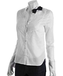 Eryn Brinie white cotton pintuck bow tie button front shirt