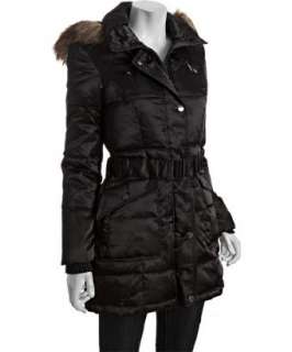 Laundry by Shelli Segal black sateen quilted faux fur trim belted down 