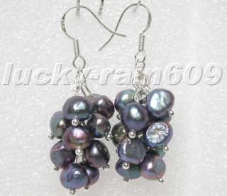 baroque Dangle black pearls earrings 925ss hook s1972  