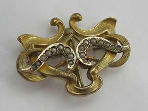   Nouveau Deco era Gold Emboss Scroll Seed Pearl Watch Hook Pin Brooch