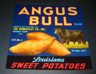 25 Old ANGUS BULL Louisiana SWEET POTATOES Labels  