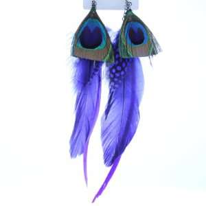  Natural Blue and Peacock Feather Dangling Earrings   7 8 