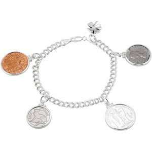    Sterling Silver 07.50 Inch 4 Coin Good Luck Charm Bracelet Jewelry