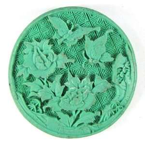  47mm green cinnabar carved coin disc pendant bead