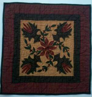 CHRISTMAS POINSETTIA QUILT BLOCK TEA DYED WALLHANGING OR TABLE MAT 18 