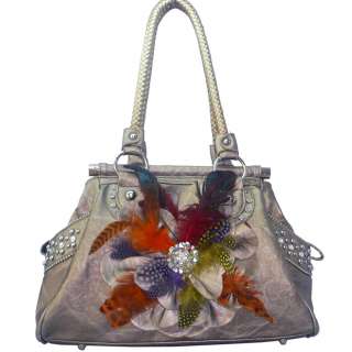 Studded satchel bag w/ decorative feather & rhinestone flower  