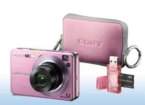 Sony W120 pink digital camera kit with case and Memory Stick Duo media 