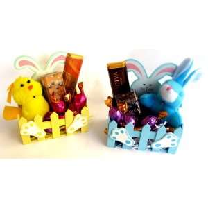 Pack Blue & Yellow Wooden Picket Fence Easter Baskets Filled With 