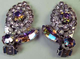   Signed Designer Rhinestone Clip Earrings, AB and Clear Stones  