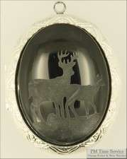 WBM lg. oval engraved locket, onyx cameo, etched deer  