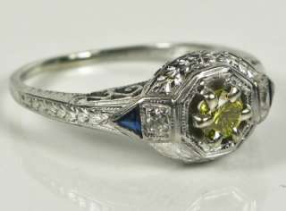 Deco 18k White Gold 1/2ct Vivid Canary Diamond & Gem Class Sapphire 