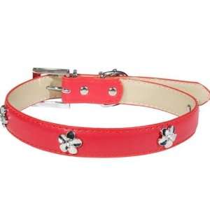   Dog Collar   Leather Collar with Flower Studs   Red   Small Pet